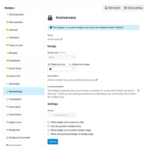 Admin view of the Anniversary badge